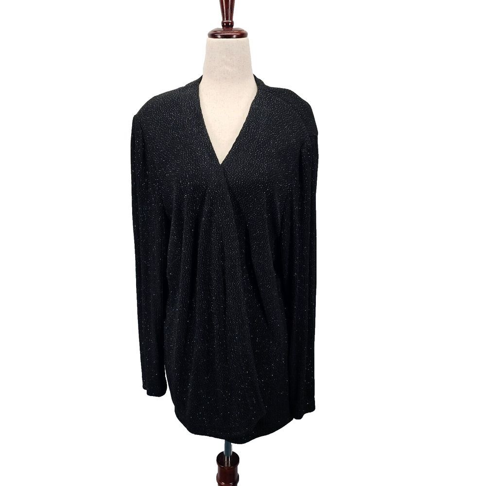 Alex Evenings Black Sparkle Open Front Party Cardigan Beaded Woven Size 16W